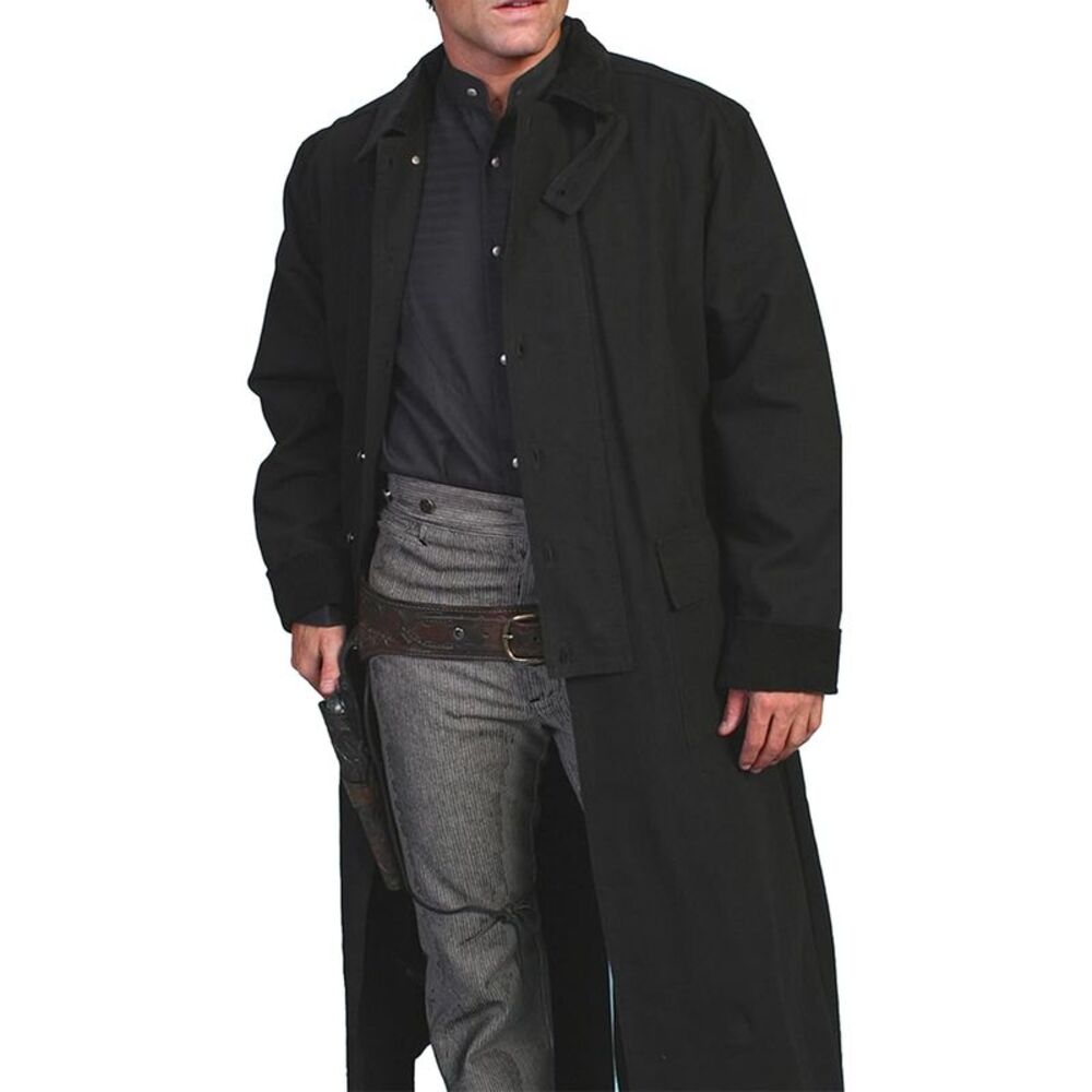 Scully Men's Long Canvas Trench Coat Corduroy Collar & Cuffs  XL Jacket - Black